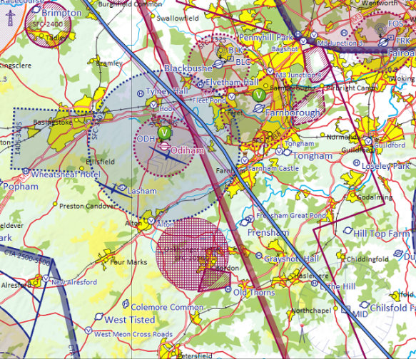 Screen capture from a SkyDemon track log showing a track through the Odiham MATZ.