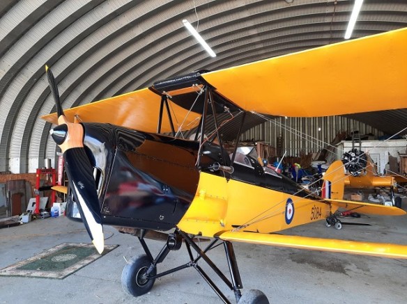 A sparkling clean yellow Tiger Moth parked in a hangar