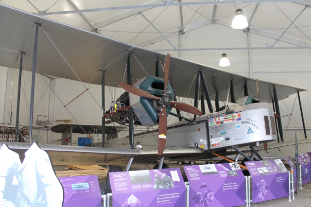 An oblique view of the replica Vickers Vimy aircraft as flown by Alcock and Brown on the first trans-Atlantic flight.